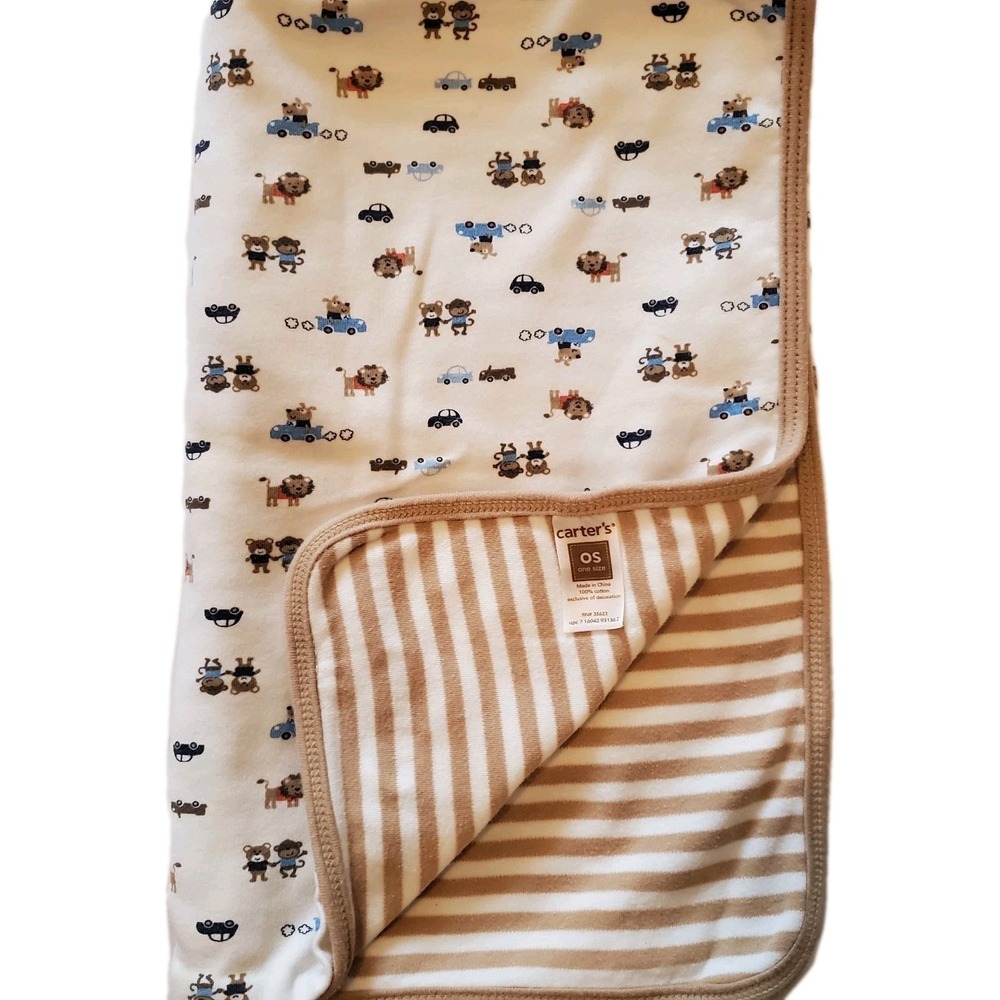 Carters Dog‎ Gone Cute Baby Blanket Tan White Stripe Monkey Lion Car Security